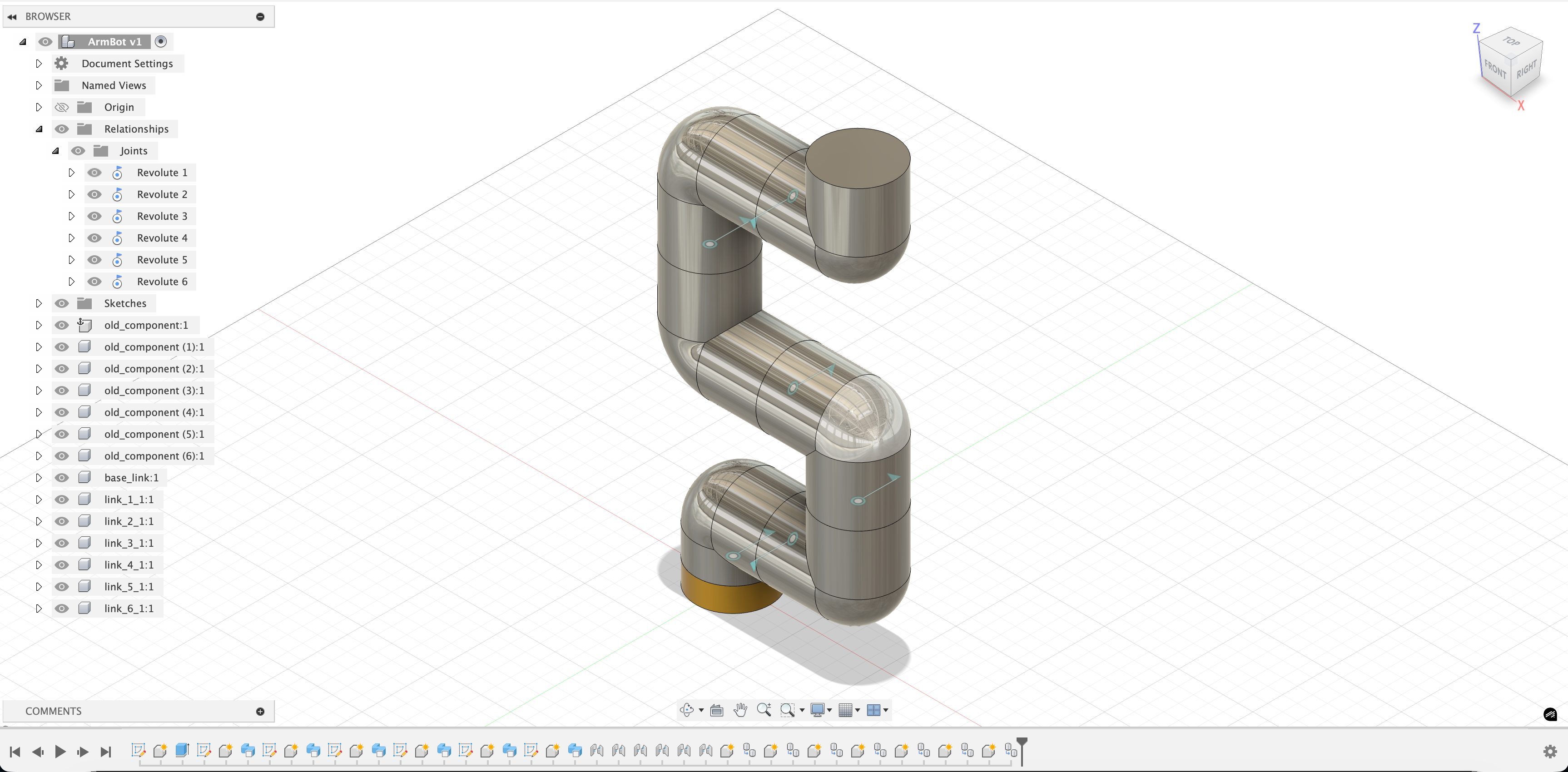 CAD perspective view of the six-joint ArmBot concept.