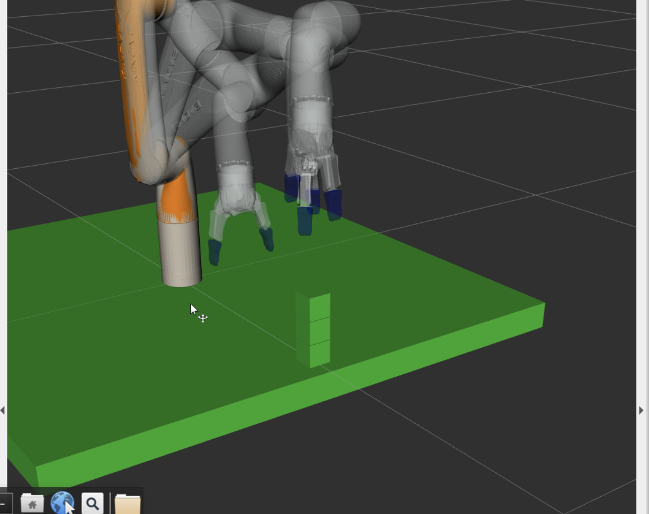 RViz view of the Kinova Gen3 Lite pick-and-place stack and planning scene.