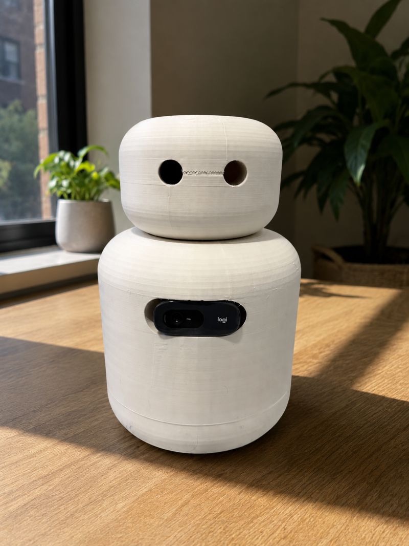 White 3D-printed NeuroBot prototype with a front-facing camera on a sunlit table.